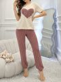 Women's Love & Letter Print Short Sleeve Top And Long Pants Pajama Set