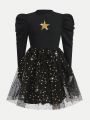 SHEIN Tween Girl Star Sequins Gigot Sleeve Mesh Hem Dress