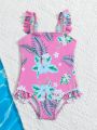 Baby Girls' One-piece Swimsuit With Flower Pattern And Ruffled Hem