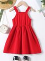 SHEIN Kids EVRYDAY Little Girls' Red Ruffle Trim Decor Waist Belted Cami Dress