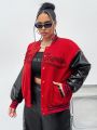 SHEIN Coolane Plus Size Women's Letter Pattern Black & Red Baseball Jacket