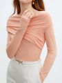 SHEIN BIZwear Solid Color Irregular Collar Pleated Long Sleeve T-shirt