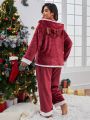 Plus Christmas Contrast Trim Hooded Flannel PJ Set