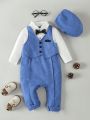 Infant Boys' Gentleman Style Faux Two Pieces Vest Bowtie Romper + Hat Set