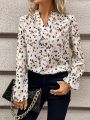 SHEIN LUNE Printed Lantern Sleeve Blouse With Notched Collar