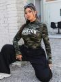 SHEIN Coolane Plus Size Camo & Letter Graphic Mock Neck Crop Tee