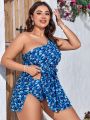 SHEIN Swim Vcay Plus Size Swimsuit, Floral Print Oblique Shoulder Two Piece Bikini Set