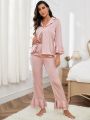 Flounce Sleeve Satin Pajama Set