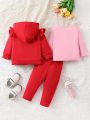 3pcs/Set Baby Girls' Cute Romantic Heart Print Hooded Jacket, T-Shirt, And Pants Suit