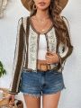 SHEIN VCAY Women's Floral Embroidery Striped Cardigan