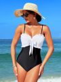 SHEIN Swim Chicsea Women's Color Block One Piece Swimsuit With Bowknot And Ruching Detail On Chest