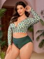 SHEIN Swim SPRTY Plus Size Women's Floral Print Long Sleeve Crop Top Swimsuit Set