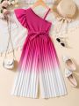 SHEIN Kids CHARMNG Young Girls' One Shoulder Gradient Color Jumpsuit With Waist Belt, Suitable For Romantic And Gorgeous Occasions