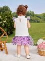 SHEIN Infant Girls' Gorgeous Elegant Knitted Patchwork Flutter Sleeve Top And Floral Print Skirt Set