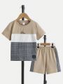 SHEIN Teen Boys' Casual Color Block Patchwork Short Sleeve T-Shirt And Shorts Set With Woven Label