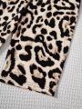 SHEIN Kids EVRYDAY Girls' Knitted Leopard Print Bottoming Shorts & Solid Color Shorts Set