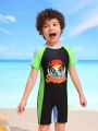 Young Boy'S Letter And Coconut Tree Print Short Sleeve Swimsuit With Shorts