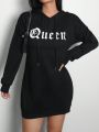 SHEIN SXY Women's Letter Printed Hooded Long Sweatshirt With Drawstring