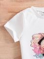 SHEIN Kids HYPEME Girl's Character Pattern Short-sleeved T-shirt And Bow Skirt Two-piece Summer Set