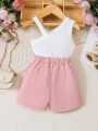 Baby Asymmetrical Neck Ruffle Trim Top & Fake Button Shorts