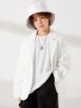 SHEIN Kids EVRYDAY Boys And Girls Casual Lapel Loose Solid Color Woven Mid-Thick Jacket