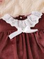 Baby Girl Contrast Eyelet Embroidery Ruffle Trim Flounce Sleeve Bow Front Velvet Jumpsuit