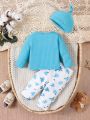 SHEIN Baby Girls Striped Long Sleeve T-shirt And Floral Printed Pants Set With Hat