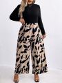 SHEIN LUNE Plus Size Women'S Stand Collar Long Sleeve Top And Botanical Print Long Pants Two Piece Set