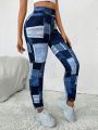 SHEIN Essnce Faux Denim Patchwork Printed Leggings