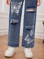 Teenage Girls' Butterfly Print Distressed Loose Fit Straight Leg Jeans