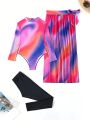 SHEIN Swim Mulvari Women'S Tie-Dye Long Sleeve One-Piece Swimsuit + Knotted Side Bikini Bottom Skirt