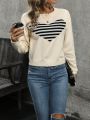 Heart Striped Drop Shoulder Casual Sweater Pullover