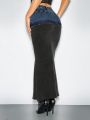 SHEIN BAE Women'S Bullet-Stitched Contrasting Tight And Sexy Denim Skirt