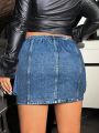 Plus Denim Effect Flap Pocket Side Cargo Skirt