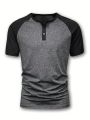 Men'S Contrast Color Button Half-Placket Short Sleeve T-Shirt With Shoulder Insertion