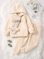 SHEIN Kids EVRYDAY Little Girls' Letter Embroidery Fleece Hooded Sweatshirt And Pants With Bag Set