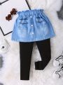 Toddler Girls' Spring Autumn Denim Skirt And Legging 2-in-1 Set