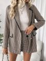 SHEIN Privé Women's Houndstooth Notched Lapel Blazer And Shorts Set