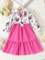 SHEIN Kids SUNSHNE 2pcs/Set Toddler Girls' Autumn Floral Pattern Shirt Collar Long Sleeve Tie Front And Pleated Waistband Cami Long Dress