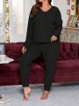 Plus Size Women's Ribbed Long Sleeves And Trousers Pajama Set