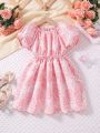 SHEIN Kids CHARMNG Little Girls' Romantic & Gorgeous Floral Print Bubble Sleeve A-Line Party Dress For Spring/Summer