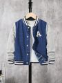SHEIN Tween Boy Letter Patched Striped Trim Colorblock Denim Varsity Jacket Without Tee