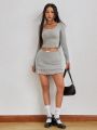 SHEIN Qutie Bow Decorated Contrast Lettuce Edge Long Sleeve T-Shirt And Skirt Set