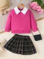 SHEIN Kids EVRYDAY Toddler Girls' 2pcs/Set Casual Fleece Shirt Collar Sweatshirt And Plaid Pleated Skirt, Suitable For Spring And Autumn