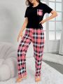 Women's Plaid Patchwork Short Sleeve Pajamas Set With Pocket