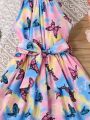 SHEIN Kids HYPEME Toddler Girls Tie Dye Butterfly Print Belted Halter Dress