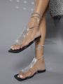 Rhinestone Decor Tie Leg Design Strappy Sandals