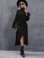 High Neck Batwing Sleeve Wrap Hem Sweater Dress (belt Not Included)