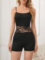 Ladies' Solid Color Lace Patchwork Spaghetti Strap Romper