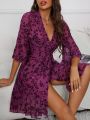 Floral Print Flounce Sleeve Sheer Belted Mesh Robe Without Bra And Panty